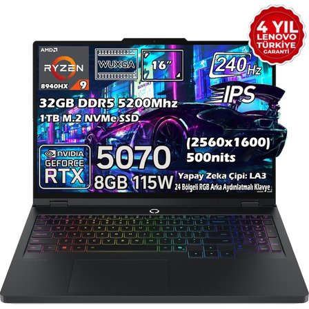 Lenovo Legion Pro 5 16ADR10 AMD Ryzen 9 8940HX 32GB 1TB SSD RTX 5070 8GB 16" WQXGA (2560X1600) IPS Panel 240Hz 115W Freedos Taşınabilir Dizüstü Bilgisayar 83LT0046TR