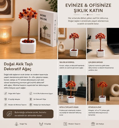 BakGelAl Doğal Akik Taşlı Dekoratif Ağaç Tekli– Ev & Ofis Için Şık Masaüstü Dekoru | Premium Tasarım