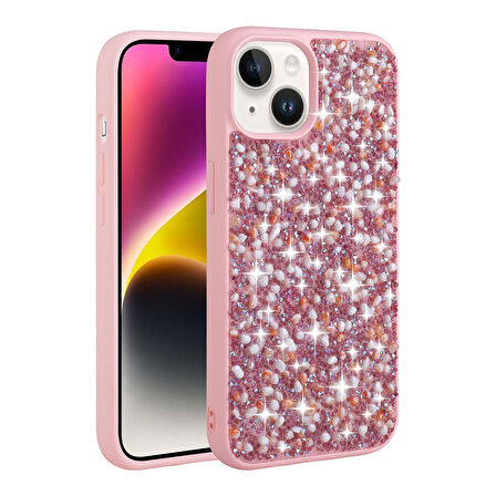 Teleplus Apple iPhone 15 Kılıf Diamond Parlak Taşlı Linea Stil Kapak Silikon Pembe