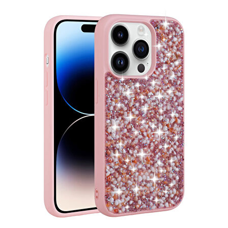 Teleplus Apple iPhone 14 Pro Max Kılıf Diamond Parlak Taşlı Linea Stil Kapak Silikon Pembe