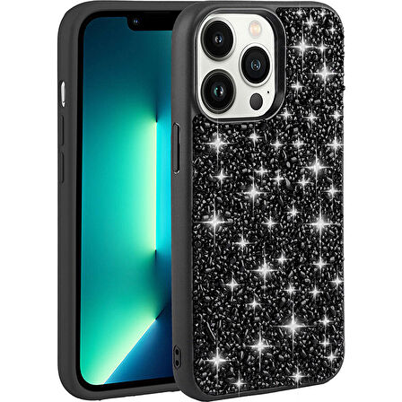 Teleplus Apple iPhone 13 Pro Max Kılıf Diamond Parlak Taşlı Linea Stil Kapak Silikon Siyah