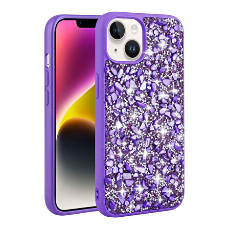 Teleplus Apple iPhone 13 Kılıf Diamond Parlak Taşlı Linea Stil Kapak Silikon Mor
