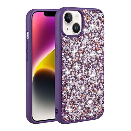 Teleplus Apple iPhone 13 Kılıf Diamond Parlak Taşlı Linea Stil Kapak Silikon Derin Mor