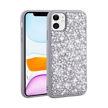 Teleplus Apple iPhone 11 Kılıf Diamond Parlak Taşlı Linea Stil Kapak Silikon Gümüş