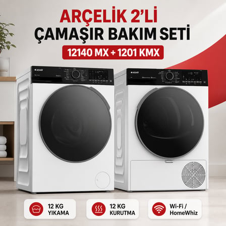 Arçelik 12140 MX 12 Kg Çamaşır Makinesi + 1201 KMX 12 Kg Isı Pompalı Kurutma Makinesi Seti