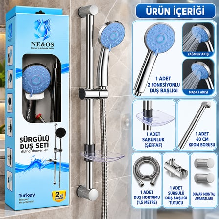 NEOS Sürgülü Krom Yağmurlama 2 Fonksiyonlu Model Duş Seti