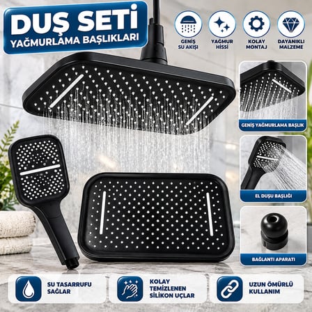 Genel Dikdörten Banyo Tepe Duş Başlığı Yağmurlama Ssitemi İkili Set Duş Telefonlu Siyah 28x20