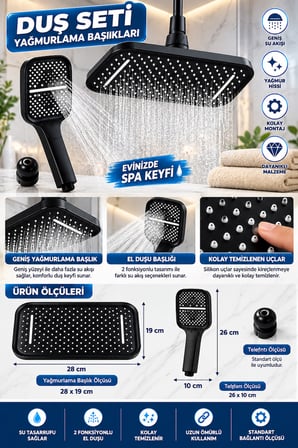 Genel Dikdörten Banyo Tepe Duş Başlığı Yağmurlama Ssitemi İkili Set Duş Telefonlu Siyah 28x20