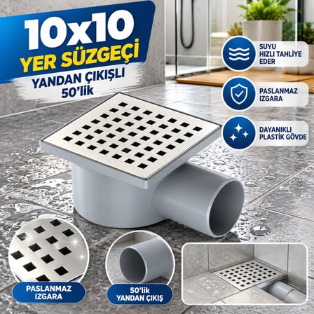 Kare 50 Lik 10x10 Yer Sifonu Paslanmaz Süzgeçli Yandan Çıkışlı Yer Sifonu Yer Süzgeçi