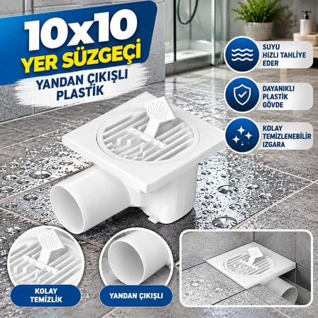Kare 50 Lik 10x10 Beyaz PlastikYer Sifonu Yandan Çıkışlı Yer Sifonu Yer Süzgeçi