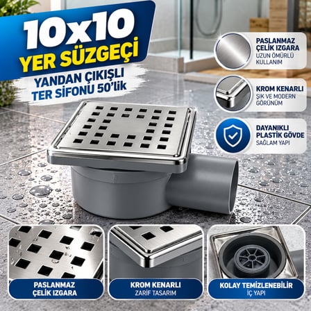Kare 50 Lik 10x10 Krom Kenarlı Kendinden Çekvalf li Koku Önleyici Yer Sifonu Yandan Çıkışlı Koku Kesen Yer Sifonu