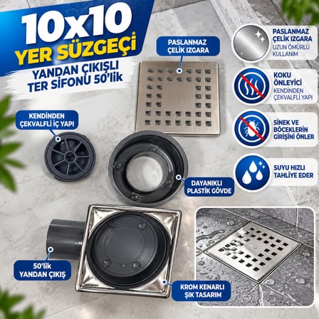 Kare 50 Lik 10x10 Krom Kenarlı Kendinden Çekvalf li Koku Önleyici Yer Sifonu Yandan Çıkışlı Koku Kesen Yer Sifonu