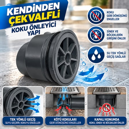Kare 50 Lik 10x10 Krom Kenarlı Kendinden Çekvalf li Koku Önleyici Yer Sifonu Yandan Çıkışlı Koku Kesen Yer Sifonu