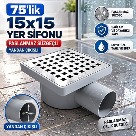 Kare 75 Lik 15x15 Yer Sifonu Paslanmaz Süzgeçli Yandan Çıkışlı Yer Sifonu Yer Süzgeçi