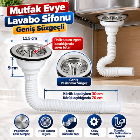 Geylani Çöpmak Büyük Mutfak Evye Lavabo Sifonu Geniş Süzgeç Sifon