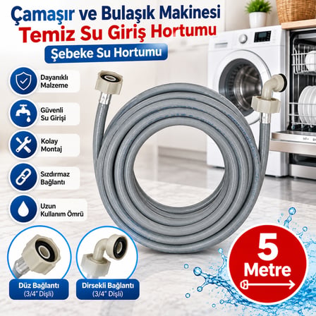 Çamaşır ve Bulaşık Makinesi Temiz Su Giriş Hortumu 5 Metre Şebeke Su Hortumu