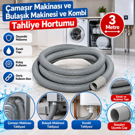 Çamaşır Makinası ve Bulaşık Makinesi ve Kombi Tahliye Pis Su Temiz Su Tahliye Hortumu 3 mt Gri