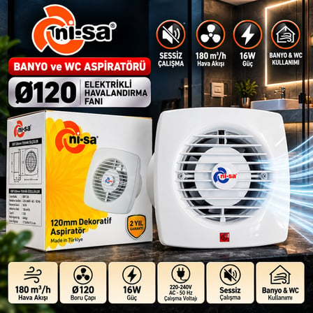 NİSA  120'Lik Banyo & Wc Elektirikli Aspiratör Fan Beyaz