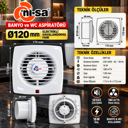 NİSA  120'Lik Banyo & Wc Elektirikli Aspiratör Fan Beyaz
