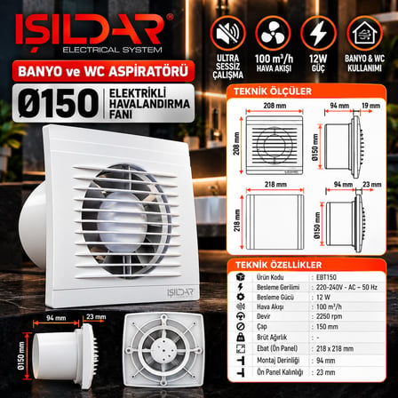 IŞILDAR 150'Lik Banyo & Wc Elektirikli Aspiratör Fan Beyaz
