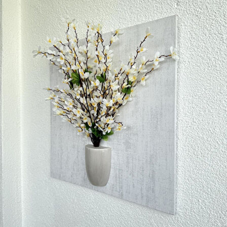 Kabartma Dokulu, Beyaz Sakura Çiçekli 3D Tablo