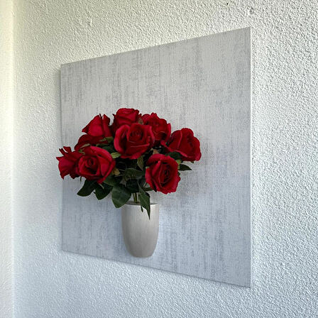 Kabartma Dokulu, Kırmızı Gül Çiçekli 3D Tablo