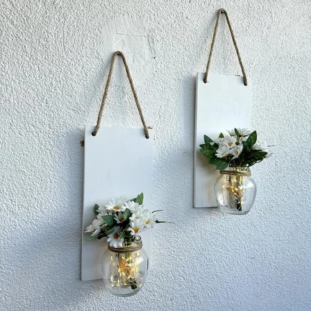 Led Işıklı, Beyaz Papatya Çiçekli Duvar Dekoru Beyaz İkili Set
