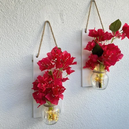 Led Işıklı, Pembe Begonvil Çiçekli Duvar Dekoru Beyaz İkili Set