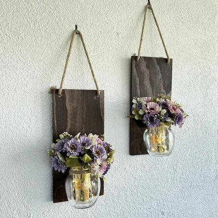 Led Işıklı, Pastel Lila Papatya Çiçekli Duvar Dekoru Ceviz İkili Set