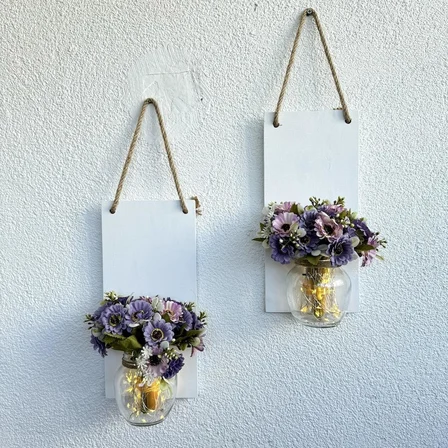 Led Işıklı, Pastel Lila Papatya Çiçekli Duvar Dekoru Beyaz İkili Set