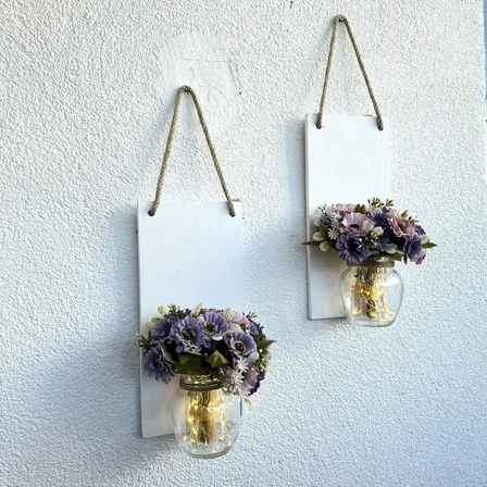 Led Işıklı, Pastel Lila Papatya Çiçekli Duvar Dekoru Beyaz İkili Set
