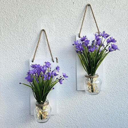 Led Işıklı, Lila Nergis Çiçekli Duvar Dekoru Beyaz İkili Set