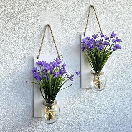 Led Işıklı, Lila Nergis Çiçekli Duvar Dekoru Beyaz İkili Set