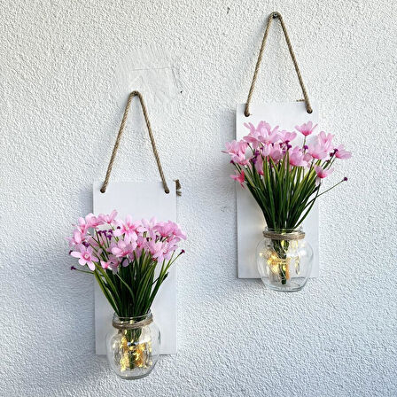 Led Işıklı, Pembe Nergis Çiçekli Duvar Dekoru Beyaz İkili Set