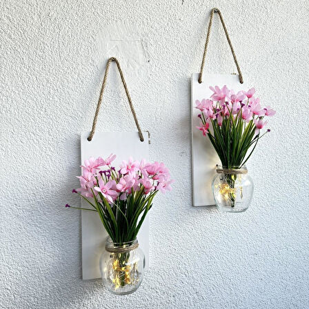 Led Işıklı, Pembe Nergis Çiçekli Duvar Dekoru Beyaz İkili Set