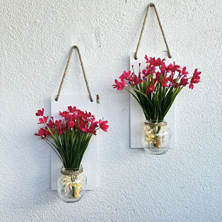 Led Işıklı, Fuşya Nergis Çiçekli Duvar Dekoru Beyaz İkili Set