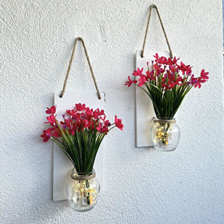 Led Işıklı, Fuşya Nergis Çiçekli Duvar Dekoru Beyaz İkili Set