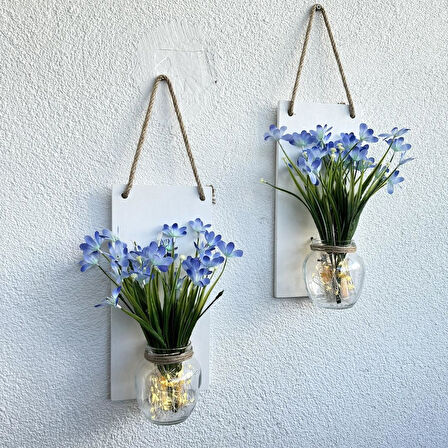 Led Işıklı, Mavi Nergis Çiçekli Duvar Dekoru Beyaz İkili Set