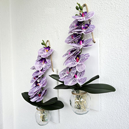 Led Işıklı, Mor Islak Orkide Çiçekli Duvar Dekoru Beyaz İkili Set