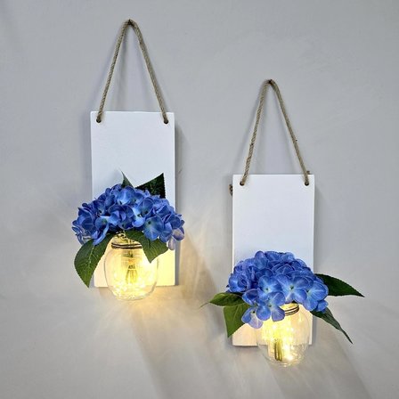 Led Işıklı, Mavi Ortanca Çiçekli Duvar Dekoru Beyaz İkili Set