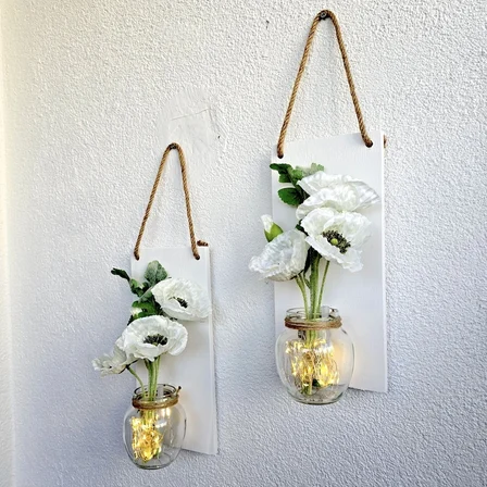 Led Işıklı, Beyaz Gelincik Çiçekli Duvar Dekoru Beyaz İkili Set