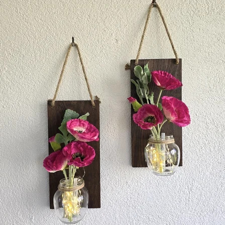 Led Işıklı, Fuşya Gelincik Çiçekli Duvar Dekoru Ceviz İkili Set