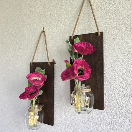 Led Işıklı, Fuşya Gelincik Çiçekli Duvar Dekoru Ceviz İkili Set