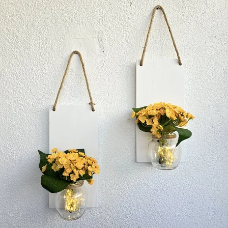 Led Işıklı, Sarı Mini Ortanca Çiçekli Duvar Dekoru Beyaz İkili Set