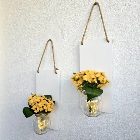 Led Işıklı, Sarı Mini Ortanca Çiçekli Duvar Dekoru Beyaz İkili Set