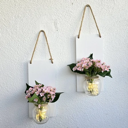 Led Işıklı, Pembe Mini Ortanca Çiçekli Duvar Dekoru Beyaz İkili Set