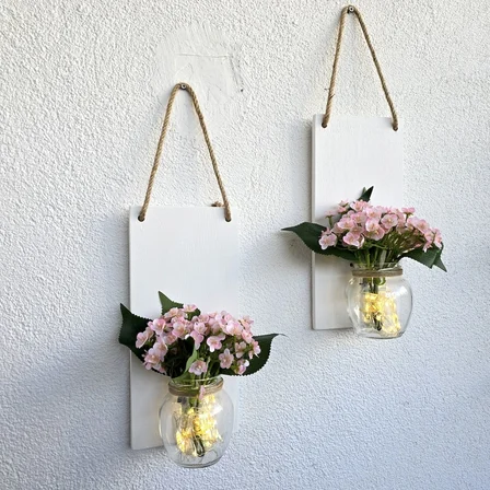 Led Işıklı, Pembe Mini Ortanca Çiçekli Duvar Dekoru Beyaz İkili Set