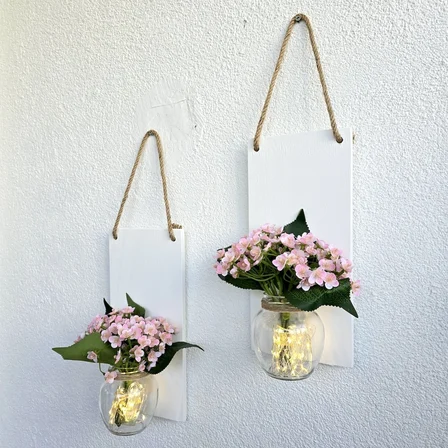 Led Işıklı, Pembe Mini Ortanca Çiçekli Duvar Dekoru Beyaz İkili Set