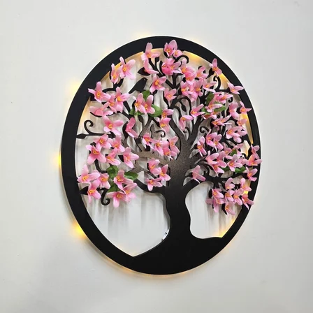Led Işıklı ve Pembe Sakura Hayat Ağacı Tablo 40cm