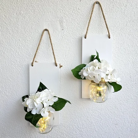 Led Işıklı, Beyaz Islak Ortanca Çiçekli Duvar Dekoru Beyaz İkili Set